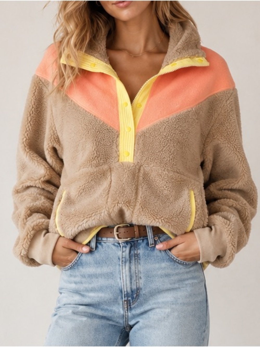 Pink Lily Sherpa Fleece Pullover Small Tan Coral Colorblock Oversized Jacket